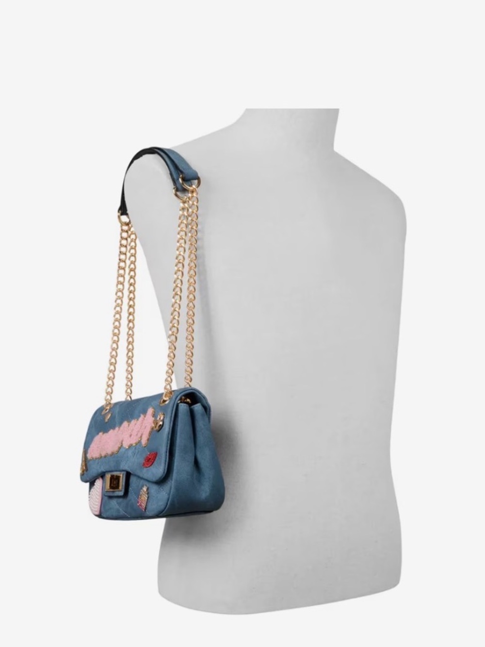 ALDO Honeoye Satchel Quilted Blue Denim Shoulder Bag with Pink 'Amour' patch - Picture 7 of 8